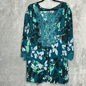 Denim 24/7 32W 4X Shirt‎ Top Teal Blue Floral Flower 3/4 Sleeve Henley V Neck